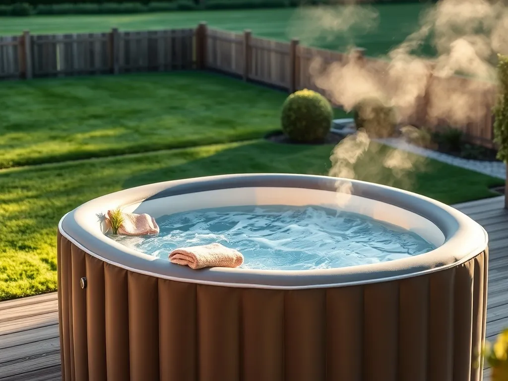 Nadmuchiwane jacuzzi ogrodowe na drewnianym tarasie w promieniach słońca, otoczone ręcznikami i zielenią ogrodu