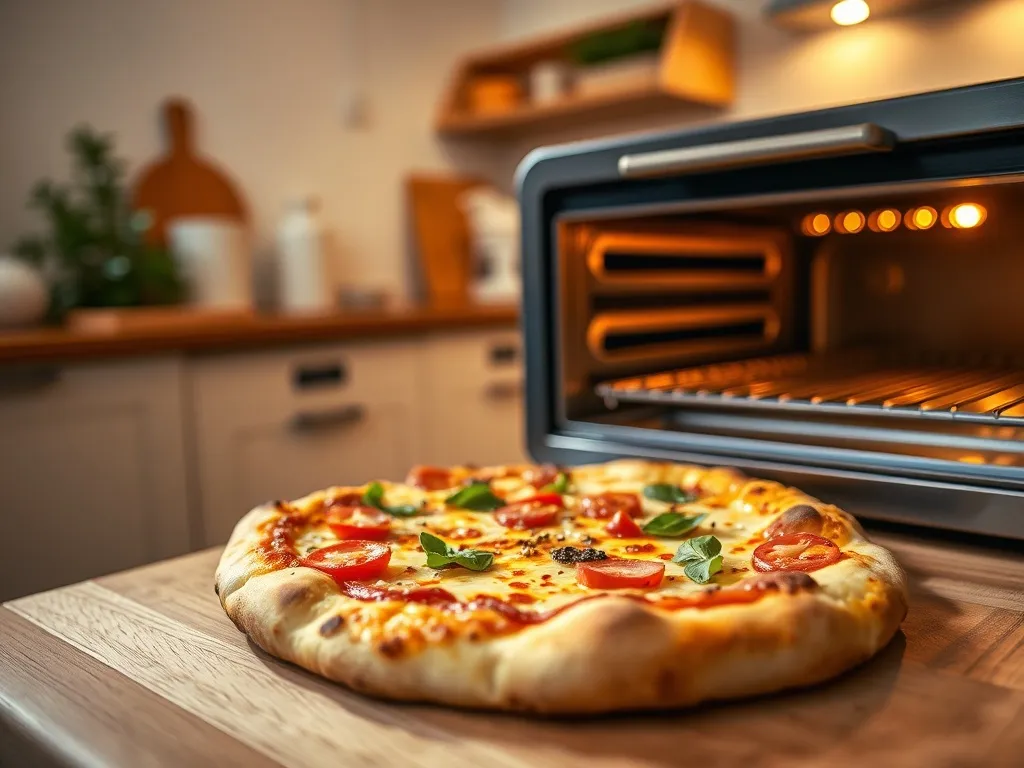 Świeżo upieczona domowa pizza obok kompaktowego pieca do pizzy na blacie w przytulnej, jasno oświetlonej kuchni.