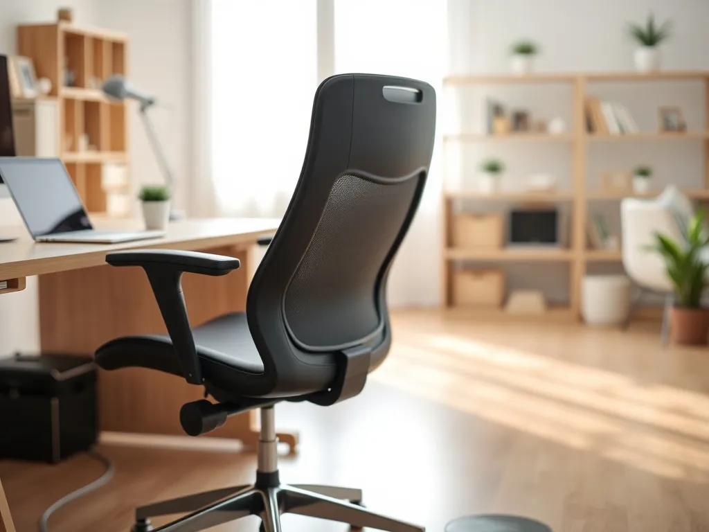 Ergonomiczny fotel biurowy przy drewnianym biurku z laptopem i rośliną, w jasnym, minimalistycznym domowym gabinecie.