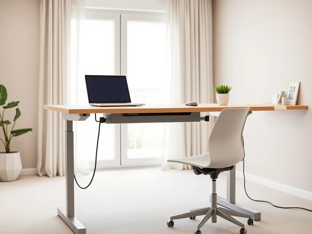 Nowoczesne elektryczne biurko z regulacją wysokości w jasnym, minimalistycznym home office, z ergonomicznym krzesłem i laptopem