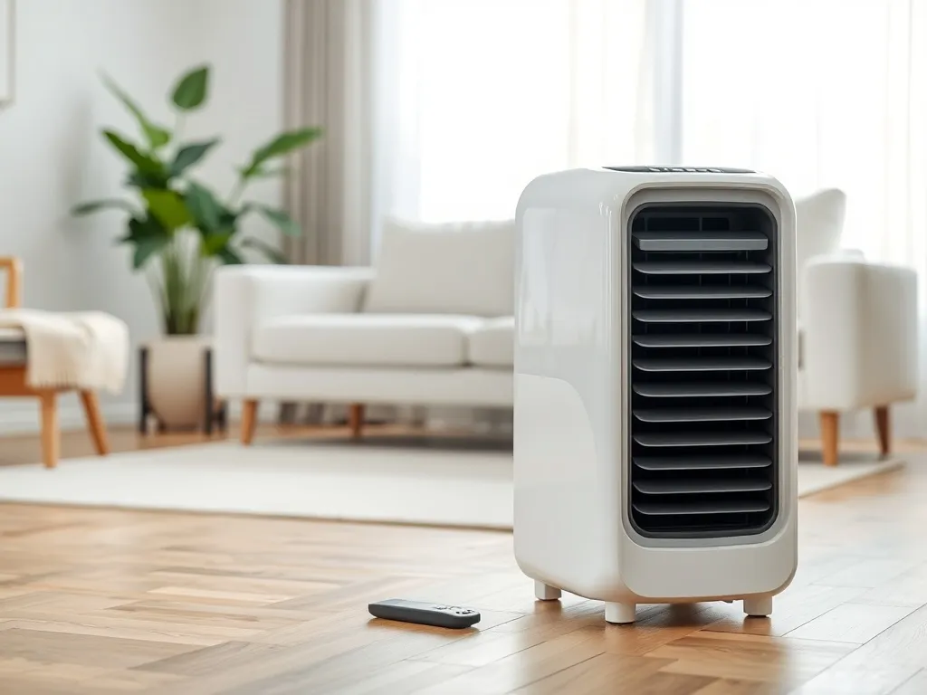 Nowoczesny klimatyzator przenośny w jasnym salonie, stojący na drewnianej podłodze obok pilota, w tle sofa i roślina