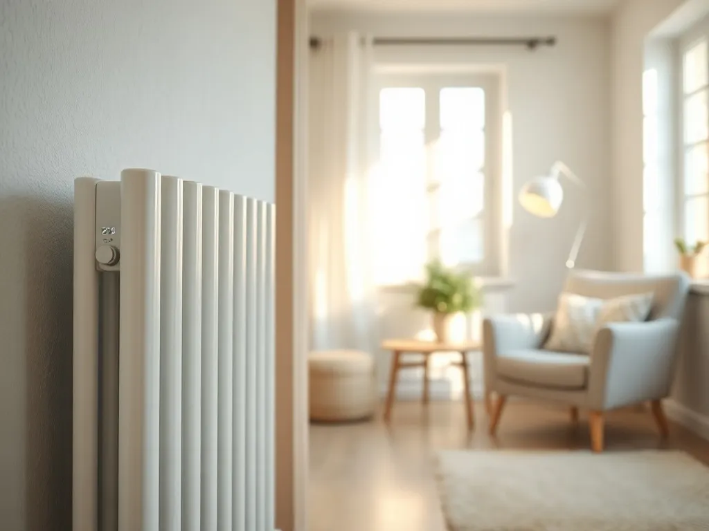 Smukły biały grzejnik elektryczny z cyfrowym termostatem w jasnym, skandynawskim salonie o przytulnej atmosferze