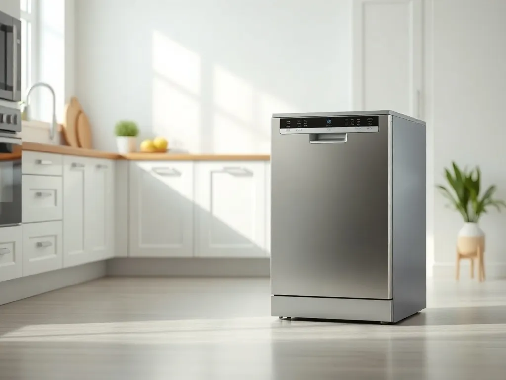 Wąska, wolnostojąca zmywarka inox w nowoczesnej, minimalistycznej kuchni, ilustrująca ranking modeli 45 cm