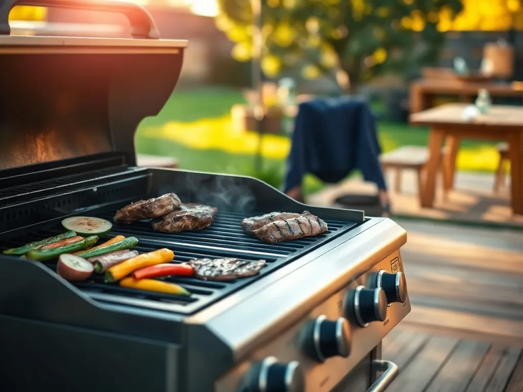 Nowoczesny grill gazowy na tarasie, na ruszcie warzywa i steki, w tle ogród – przykład idealnego sprzętu do grillowania.