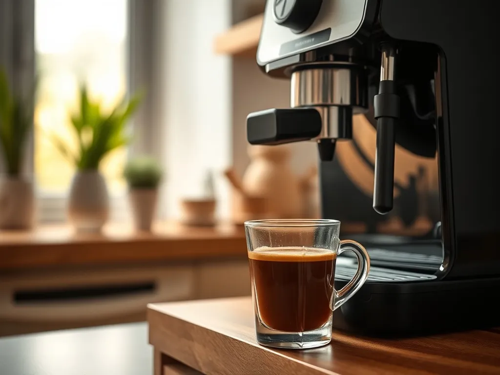 Nowoczesny ekspres kolbowy parzy aromatyczne espresso w szklance na blacie, w tle przytulna, jasno oświetlona kuchnia.