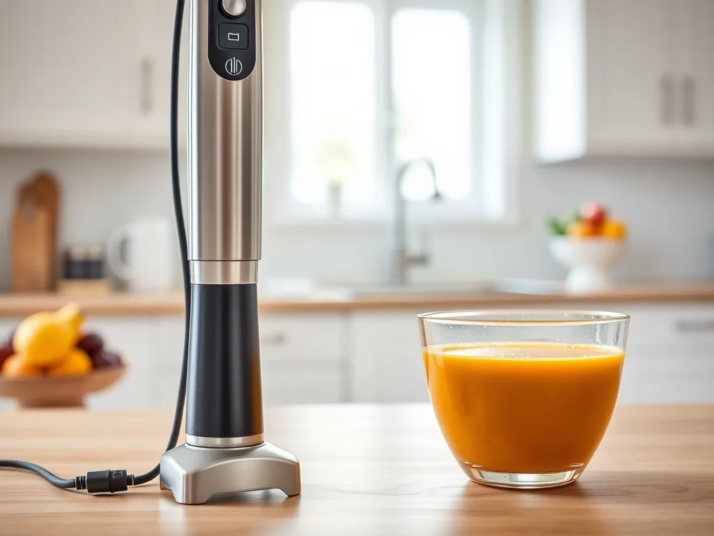 Nowoczesny blender ręczny na blacie obok miski z pomarańczowym smoothie, w jasnej, przytulnej kuchni.
