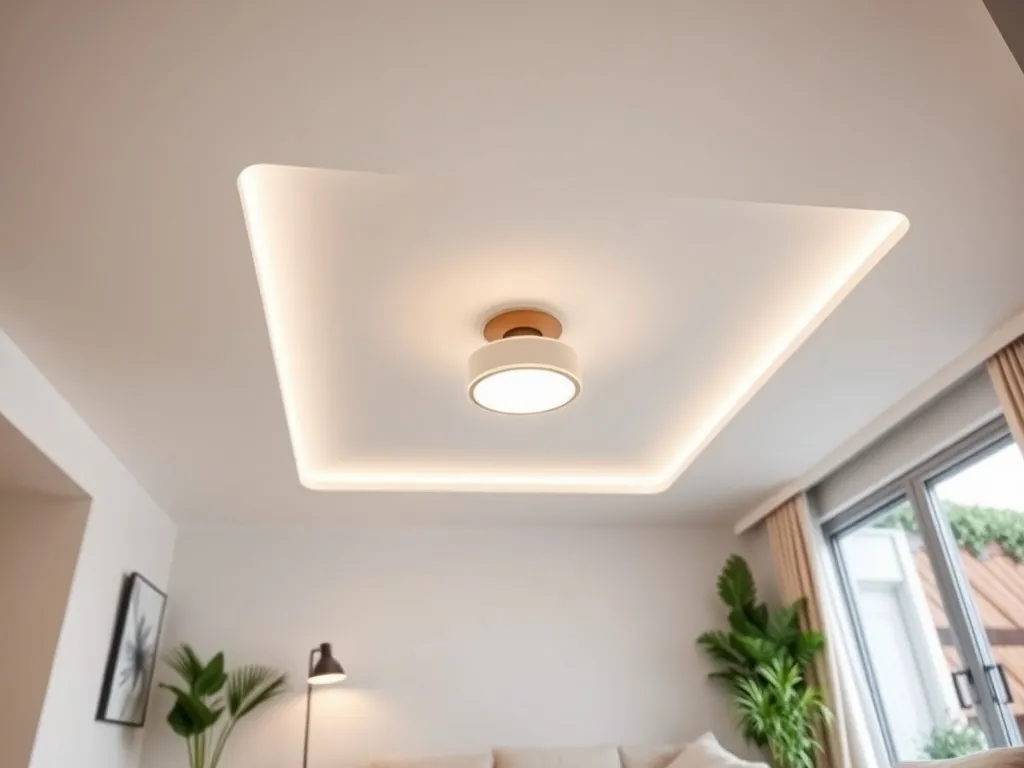 Nowoczesny salon z gładkim białym sufitem, ukrytym oświetleniem LED i minimalistyczną lampą w skandynawskim stylu.