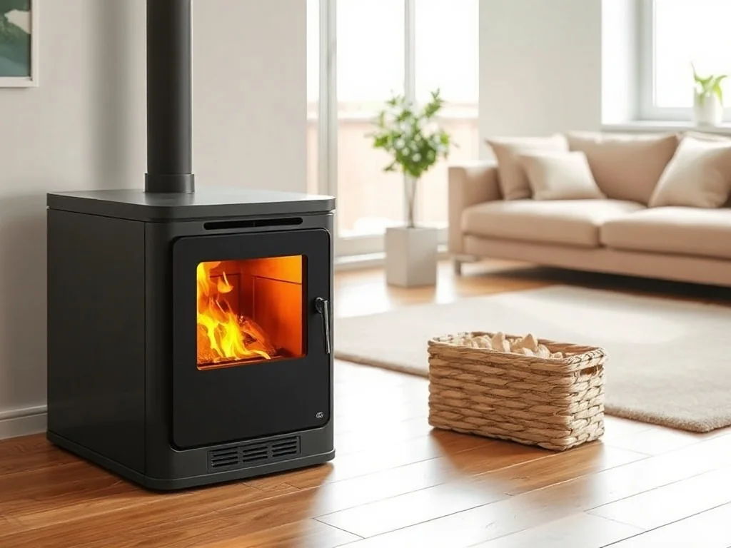 Nowoczesny piec na pellet 10 kW w jasnym salonie, pokazujący płomień i panel sterowania, tworzący przytulną atmosferę.