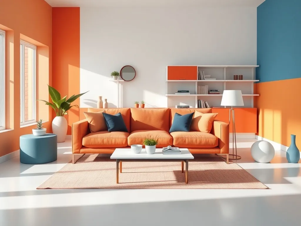 Nowoczesny salon z wyraźnymi geometrycznymi blokami kolorów na ścianach, dywanie i dodatkach, pokazujący color blocking.