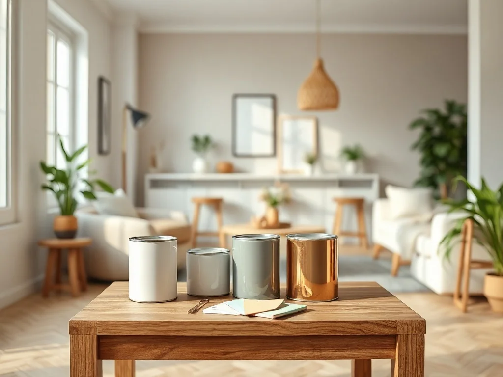 Stolik z otwartymi puszkami farb ceramicznych w pastelach, próbniki barw i kafelki w nowoczesnym, skandynawskim salonie.