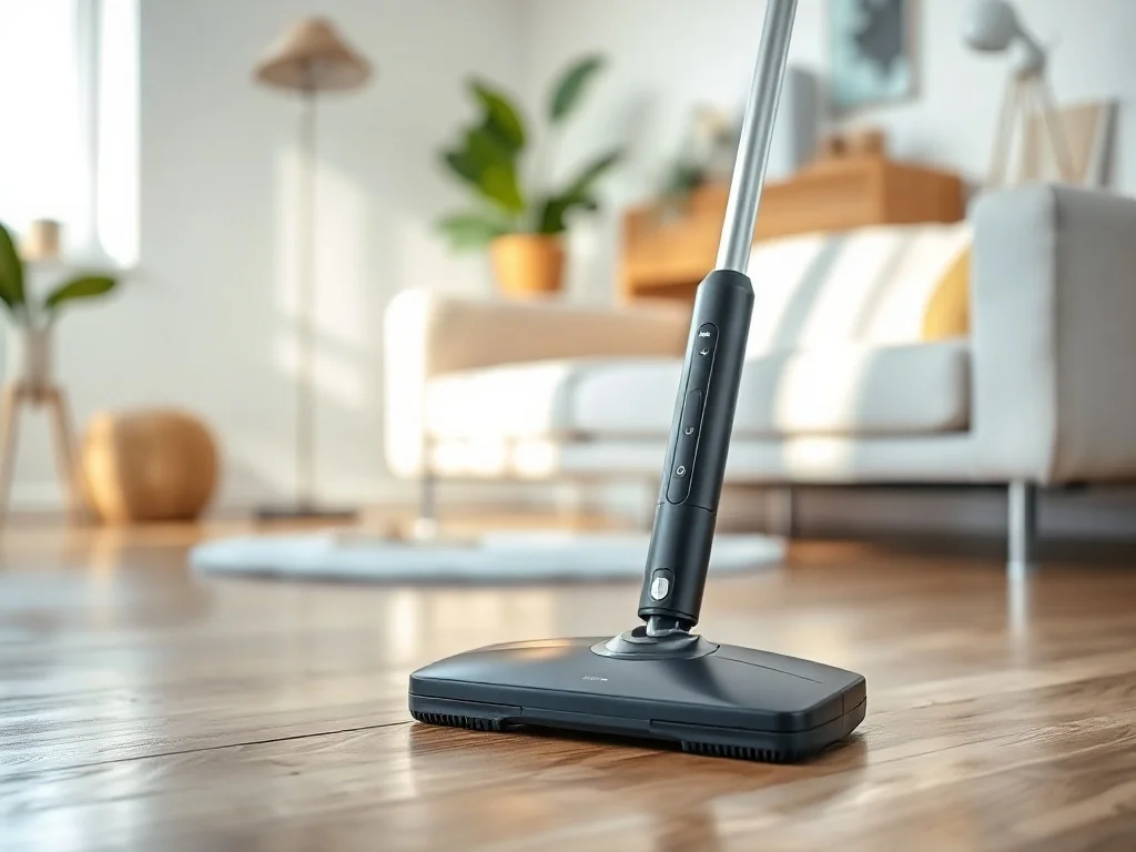 Nowoczesny mop elektryczny na lśniącej podłodze w jasnym salonie, sugerujący skuteczne i wygodne sprzątanie domu.