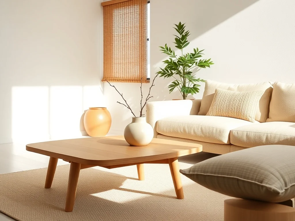 Jasny salon w stylu japandi z niskim drewnianym stolikiem, ceramicznym wazonem i rośliną, tworzący spokojną, przytulną aurę