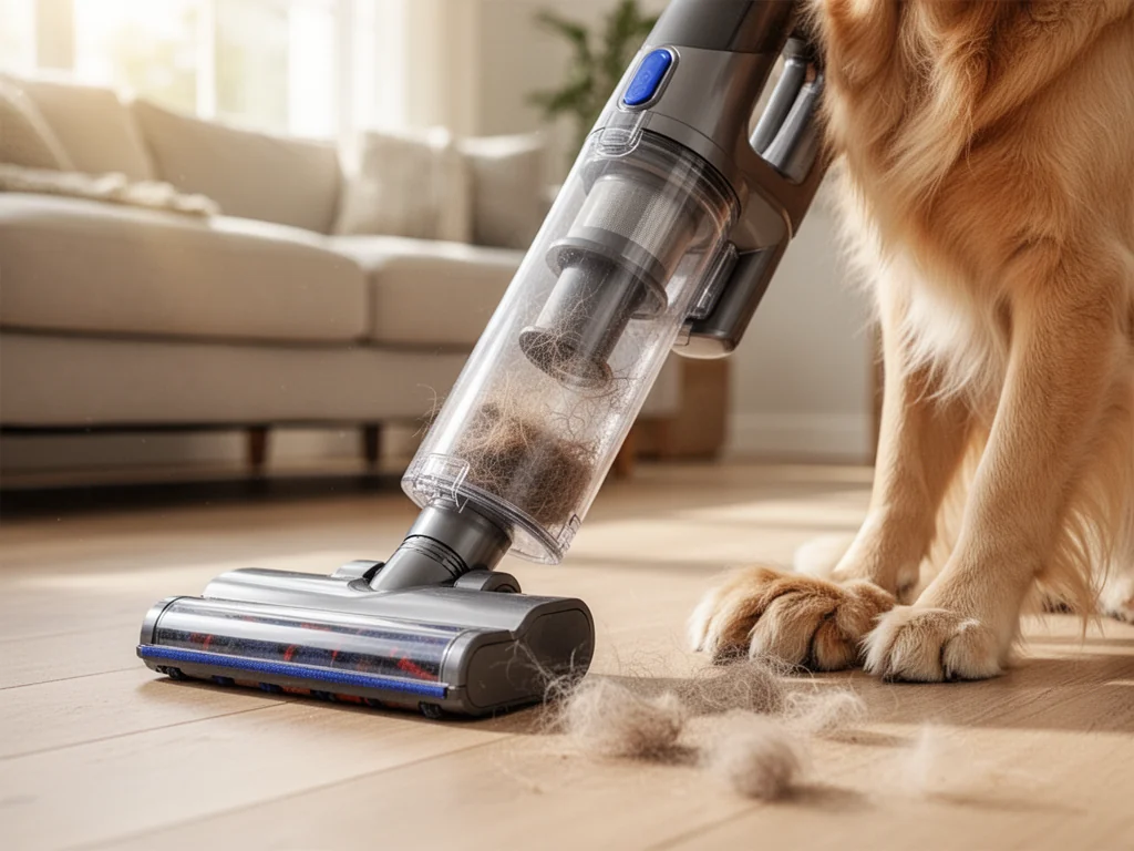 Bezprzewodowy odkurzacz zbierający sierść psa z jasnej podłogi obok łapy golden retrievera w przytulnym salonie.