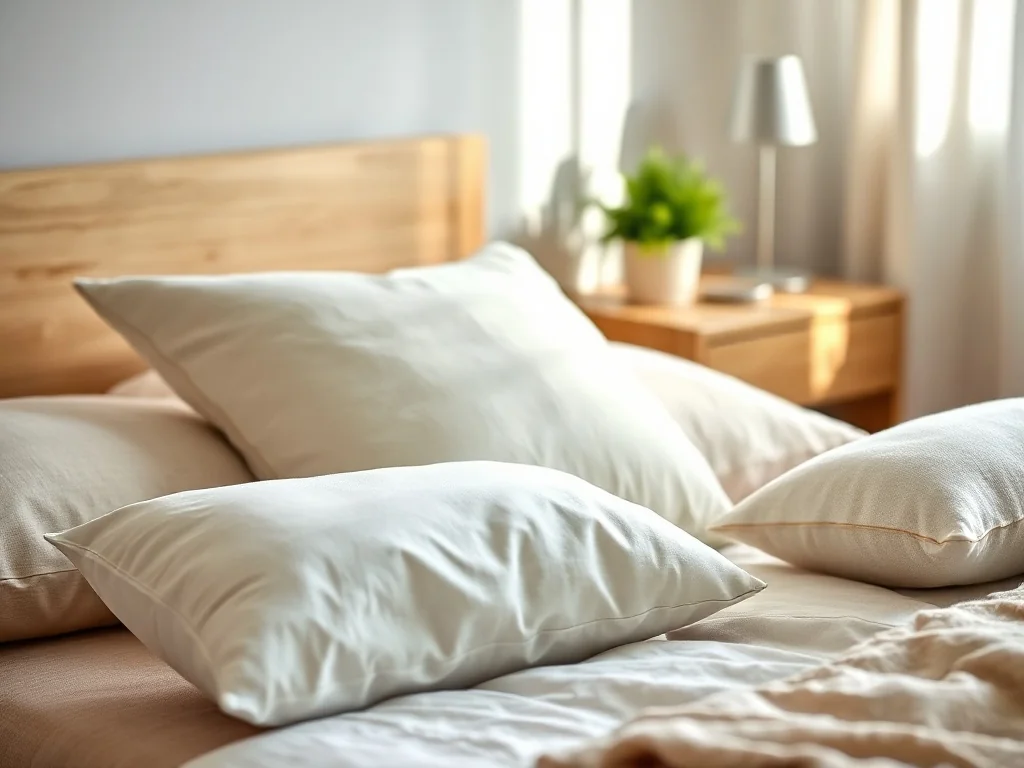 Różne typy poduszek ułożone na łóżku, porównanie klasycznej, ergonomicznej i wysokiej, puszystej poduszki do spania