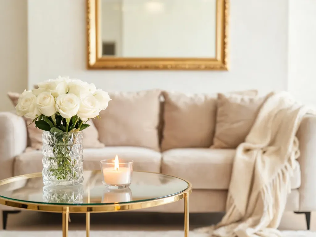 Elegancki salon glamour z małym stolikiem ze szkła i złota, wazonem białych róż i świecą tworzącymi przytulny, luksusowy nastrój.