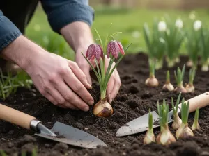 Pomarańczowe i żółte aksamitki kwitnące wiosną na rabacie, na tle zielonych krzewów i drewnianego ogrodzenia