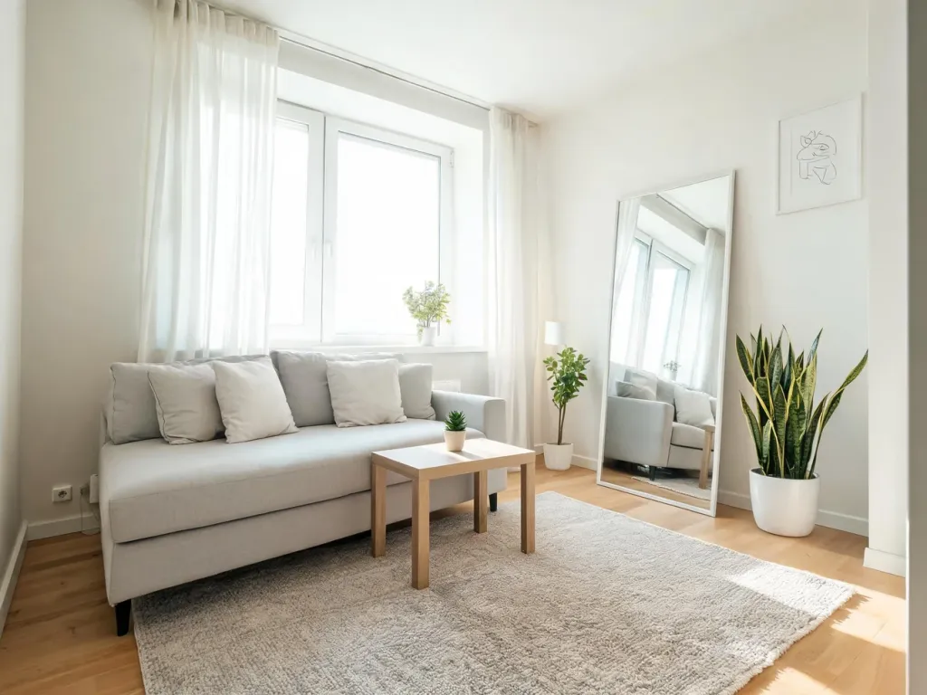 Mały, jasny salon w stylu skandynawskim z dużym lustrem i oknem, które optycznie powiększają przestrzeń