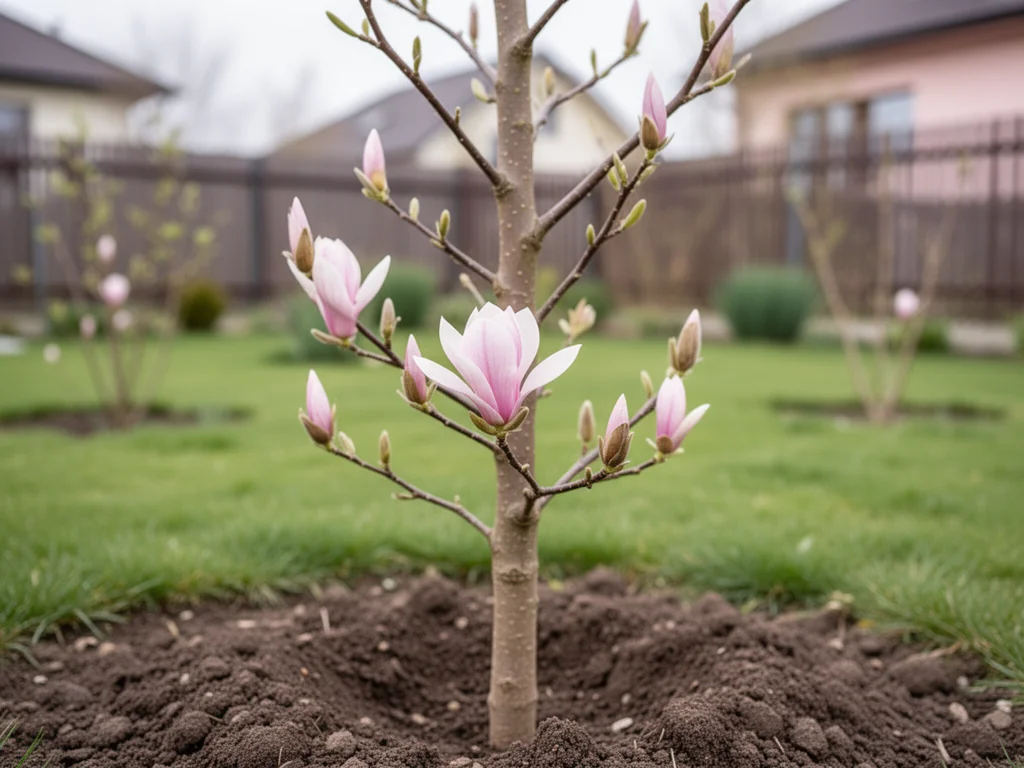 Młoda magnolia z pąkami w świeżo przygotowanej ziemi, wczesnowiosenne warunki w spokojnym, przydomowym ogrodzie.